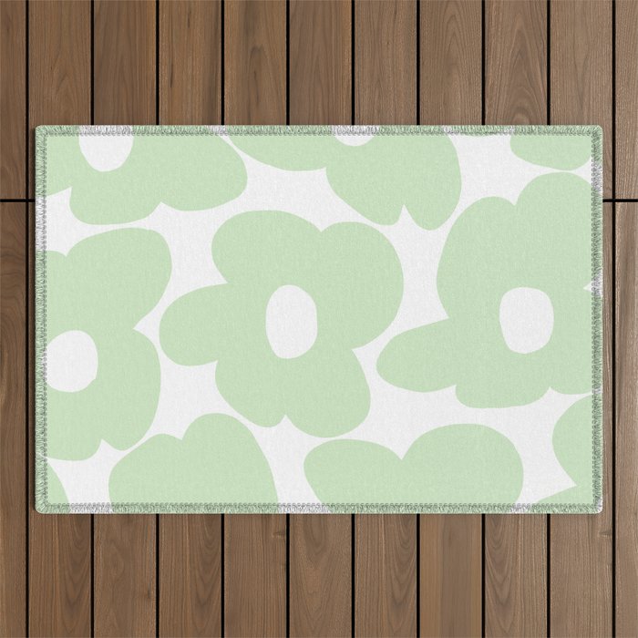 Large Baby Green Retro Flowers White Background #decor #society6 #buyart Outdoor Rug Gallery Image 1