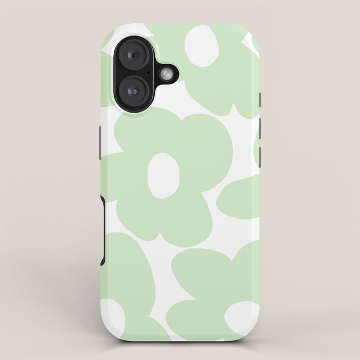 Large Baby Green Retro Flowers White Background #decor #society6 #buyart iPhone Case Gallery Image 1