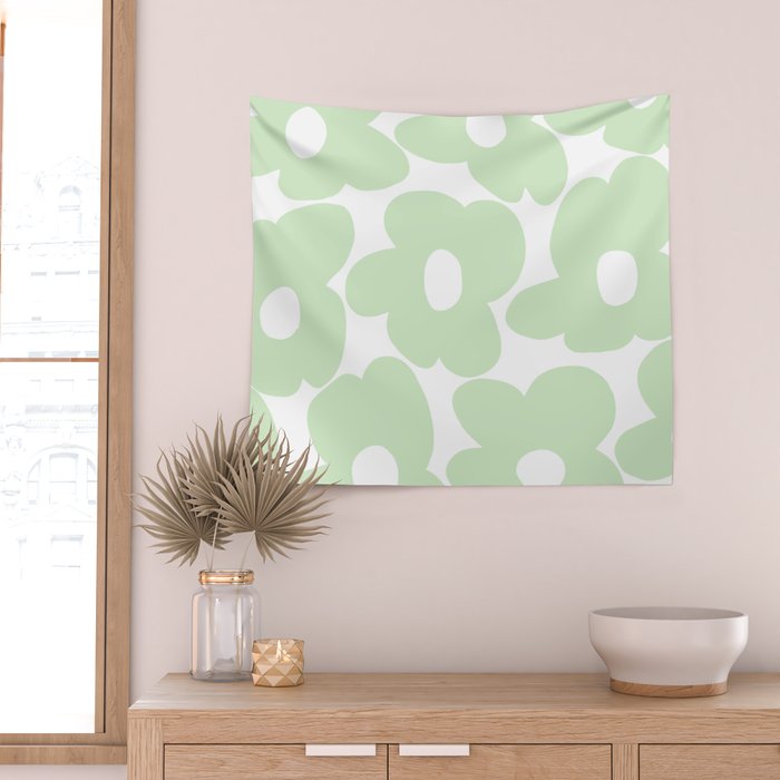 Large Baby Green Retro Flowers White Background #decor #society6 #buyart Wall Tapestry Gallery Image 2