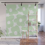 Large Baby Green Retro Flowers White Background #decor #society6 #buyart Wall Mural Gallery Image 1