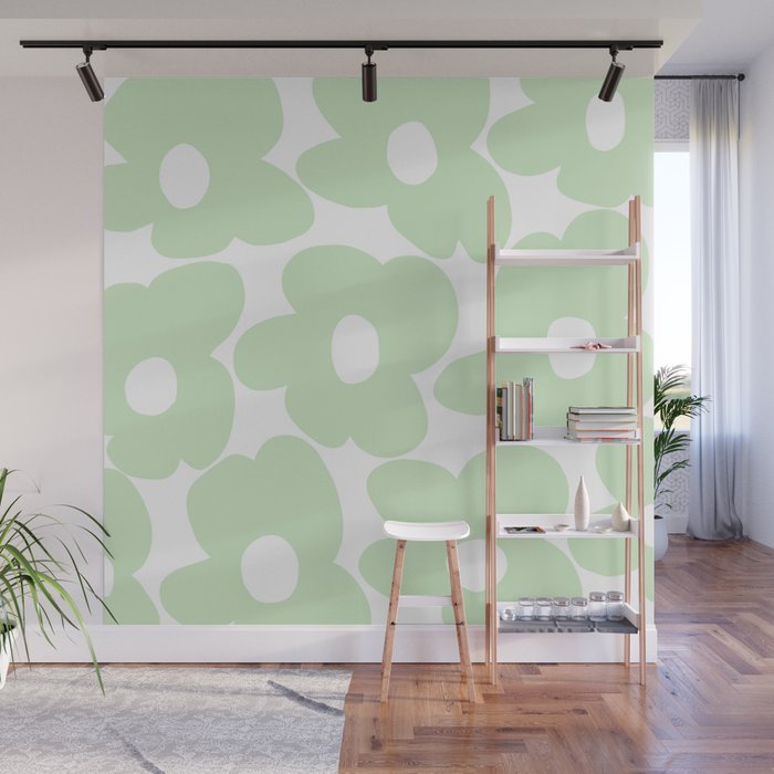 Large Baby Green Retro Flowers White Background #decor #society6 #buyart Wall Mural Gallery Image 1