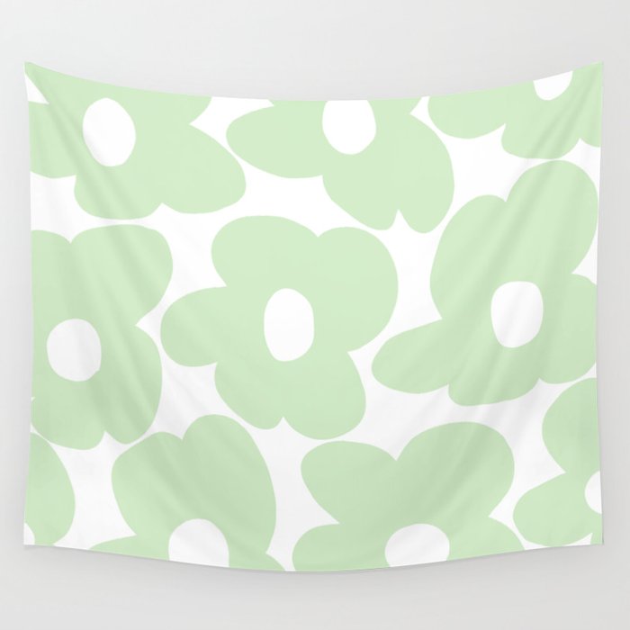 Large Baby Green Retro Flowers White Background #decor #society6 #buyart Wall Tapestry Gallery Image 1