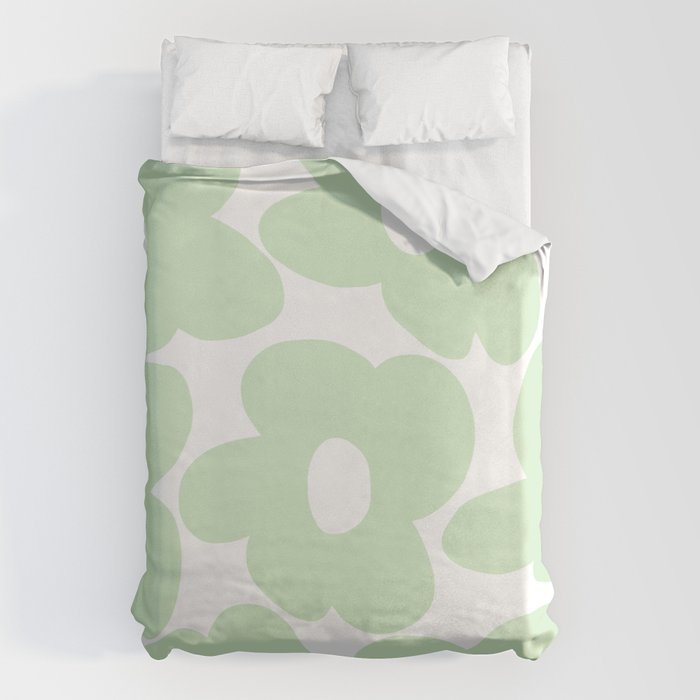 Large Baby Green Retro Flowers White Background #decor #society6 #buyart Duvet Cover Gallery Image 6