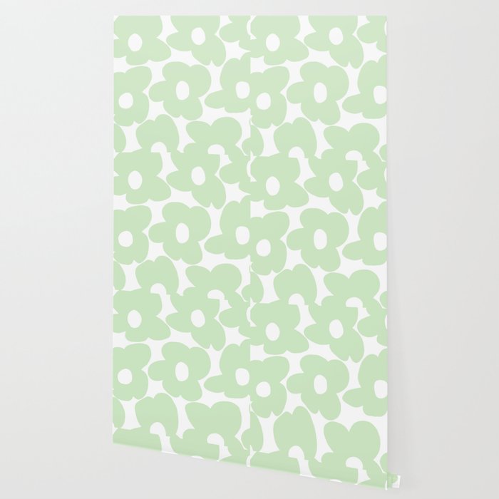 Large Baby Green Retro Flowers White Background #decor #society6 #buyart Wallpaper Gallery Image 2