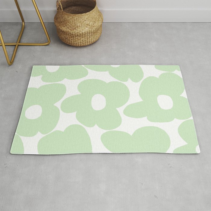 Large Baby Green Retro Flowers White Background #decor #society6 #buyart Rug Gallery Image 1