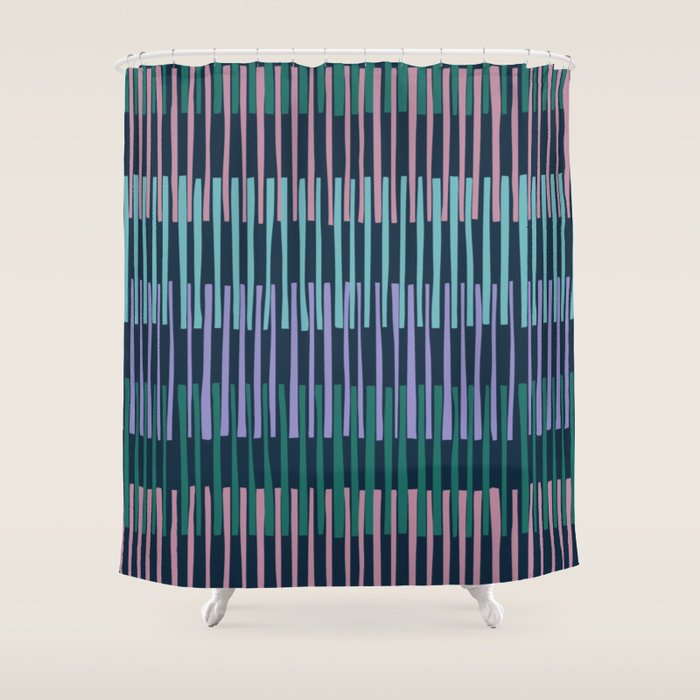Block print geometrics stripes dark blue Shower Curtain Gallery Image 1
