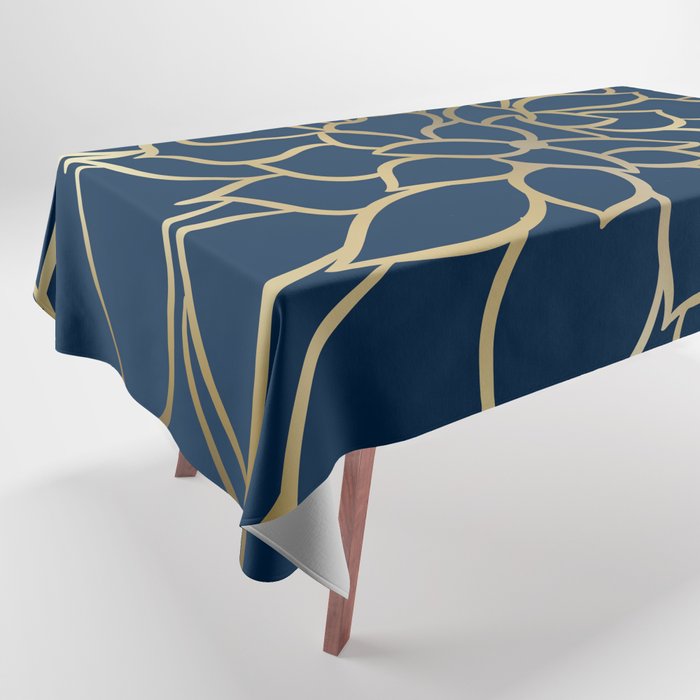 Floral Prints, Line Art, Navy Blue and Gold Tablecloth Gallery Image 1