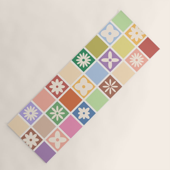 Retro Colorful Flower Checker Tiles Yoga Mat Gallery Image 1