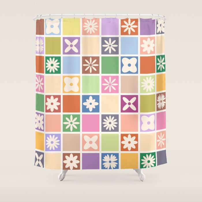 Retro Colorful Flower Checker Tiles Shower Curtain Gallery Image 1