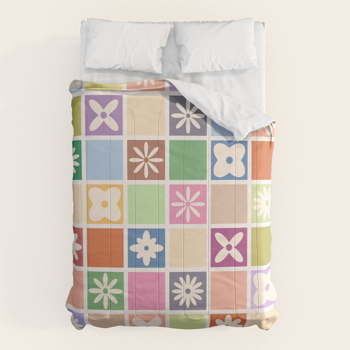 Retro Colorful Flower Checker Tiles Comforter Gallery Image 1