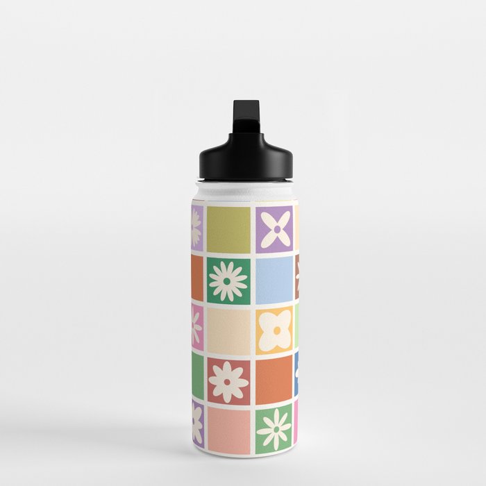Retro Colorful Flower Checker Tiles Water Bottle Gallery Image 3