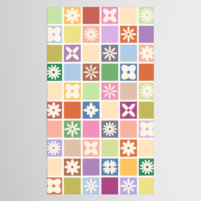 Retro Colorful Flower Checker Tiles Tablecloth Gallery Image 2