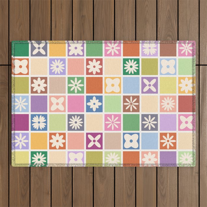 Retro Colorful Flower Checker Tiles Outdoor Rug Gallery Image 1