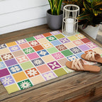 Retro Colorful Flower Checker Tiles Outdoor Rug Gallery Image 2