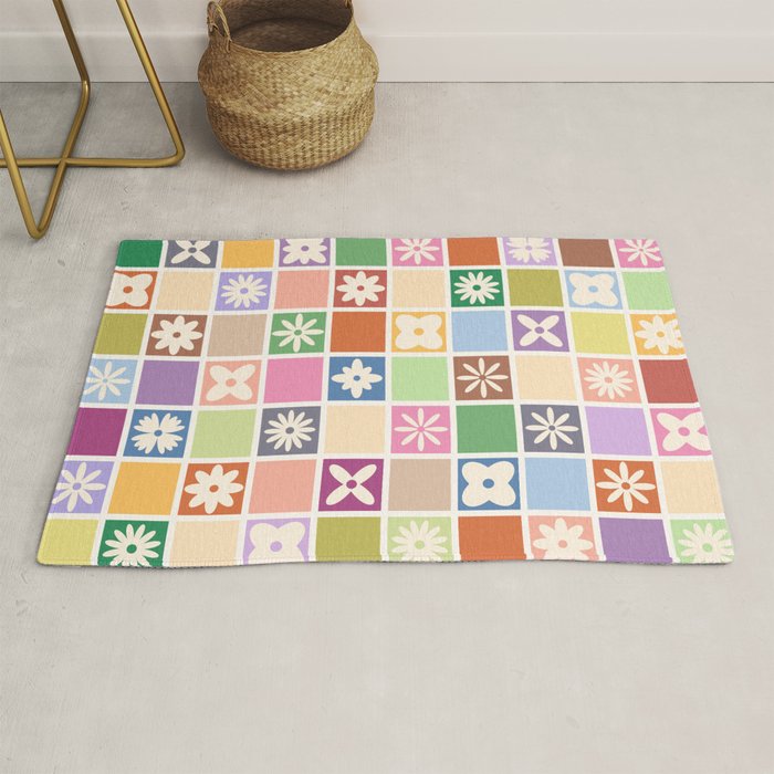 Retro Colorful Flower Checker Tiles Rug Gallery Image 1