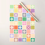 Retro Colorful Flower Checker Tiles Wrapping Paper Gallery Image 1