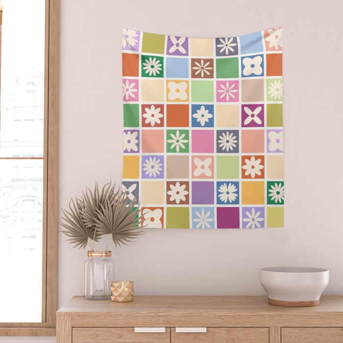 Retro Colorful Flower Checker Tiles Wall Tapestry Gallery Image 2