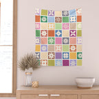 Retro Colorful Flower Checker Tiles Wall Tapestry Gallery Image 2