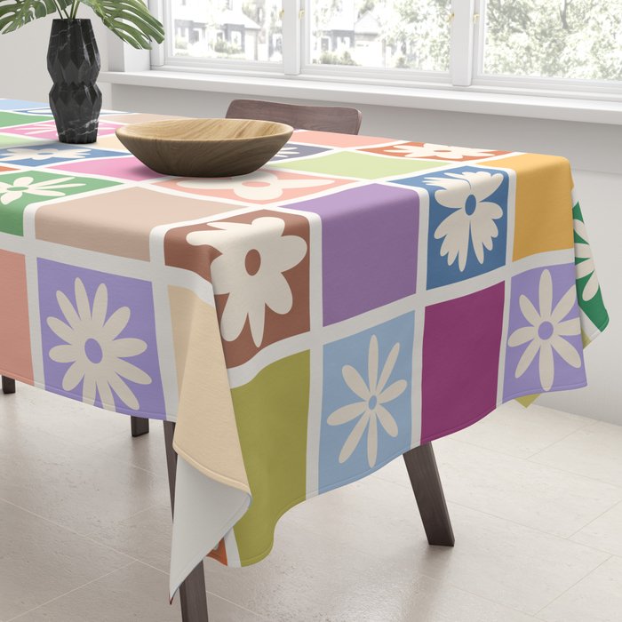 Retro Colorful Flower Checker Tiles Tablecloth Gallery Image 3