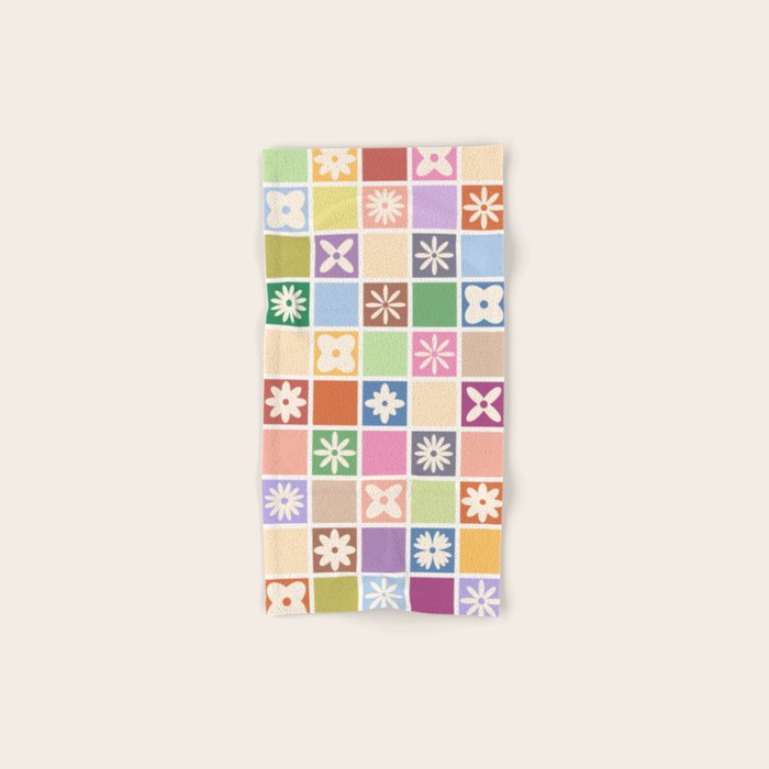 Retro Colorful Flower Checker Tiles Bath Towel Gallery Image 1