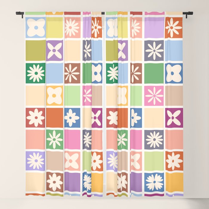 Retro Colorful Flower Checker Tiles Window Curtain Gallery Image 1