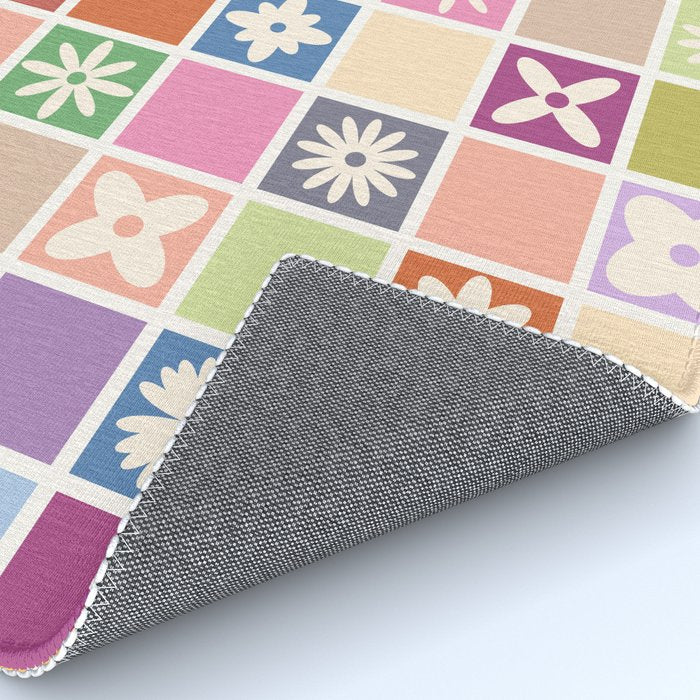 Retro Colorful Flower Checker Tiles Rug Gallery Image 4