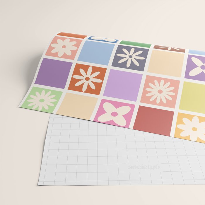 Retro Colorful Flower Checker Tiles Wrapping Paper Gallery Image 2