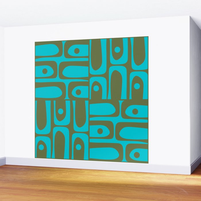 Mid Century Modern Piquet Geometric Mod Olive Green and Turquoise Multi Pattern Wall Mural Gallery Image 2