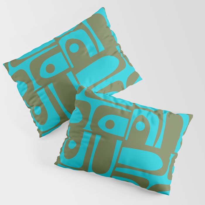 Mid Century Modern Piquet Geometric Mod Olive Green and Turquoise Multi Pattern Pillow Sham Gallery Image 1