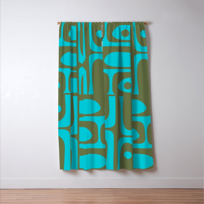 Mid Century Modern Piquet Geometric Mod Olive Green and Turquoise Multi Pattern Window Curtain Gallery Image 3