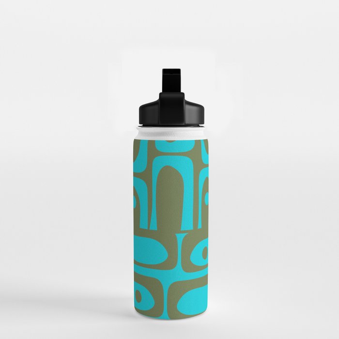 Mid Century Modern Piquet Geometric Mod Olive Green and Turquoise Multi Pattern Water Bottle Gallery Image 2