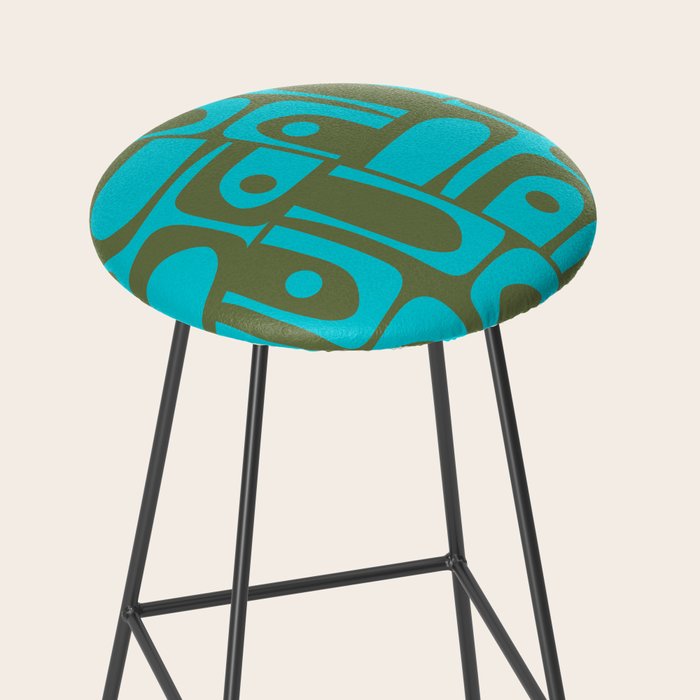 Mid Century Modern Piquet Geometric Mod Olive Green and Turquoise Multi Pattern Stool Gallery Image 2
