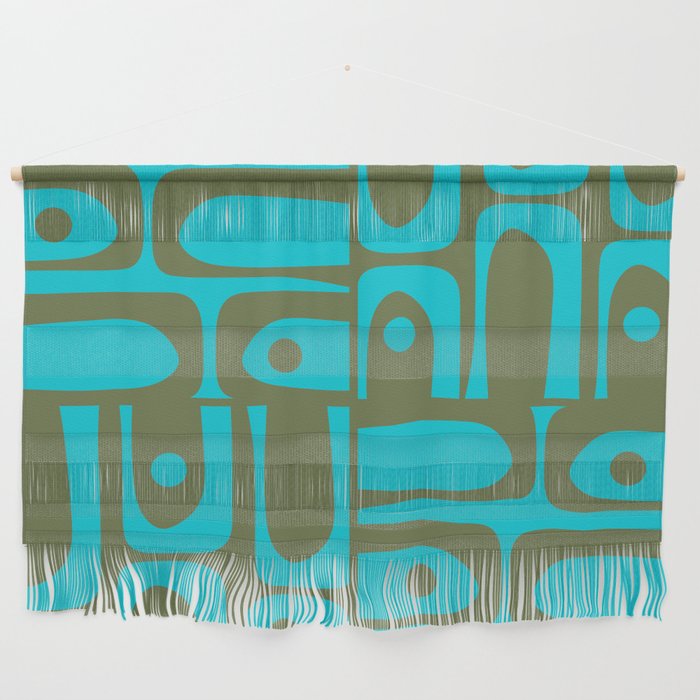 Mid Century Modern Piquet Geometric Mod Olive Green and Turquoise Multi Pattern Wall Hanging Gallery Image 1