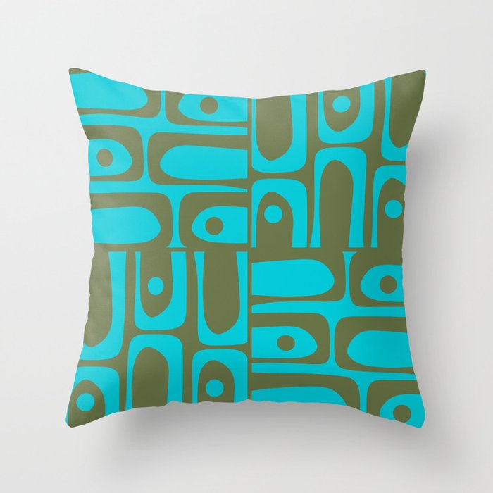 Mid Century Modern Piquet Geometric Mod Olive Green and Turquoise Multi Pattern Throw Pillow Gallery Image 1