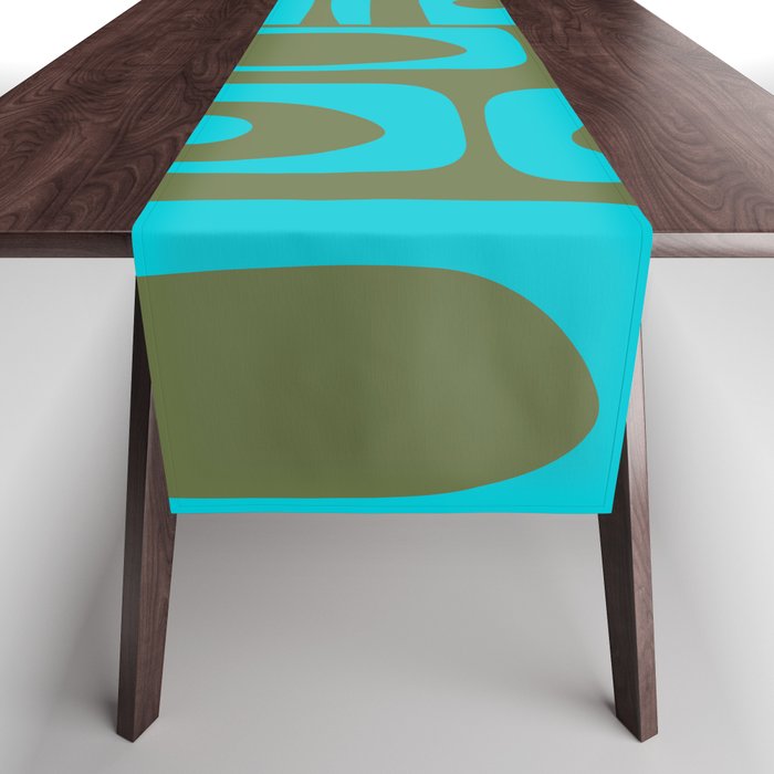 Mid Century Modern Piquet Geometric Mod Olive Green and Turquoise Multi Pattern Table Runner Gallery Image 1