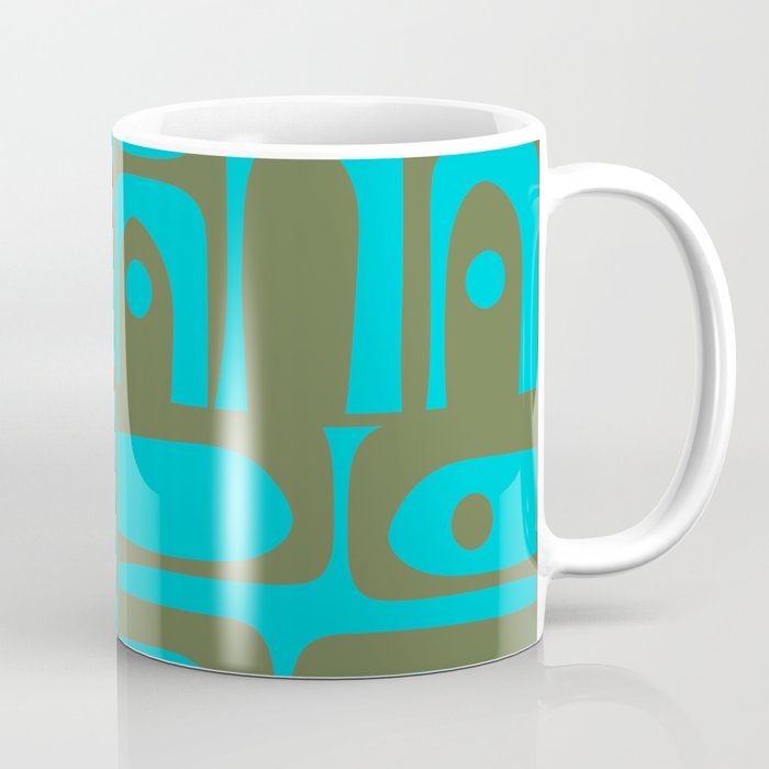 Mid Century Modern Piquet Geometric Mod Olive Green and Turquoise Multi Pattern Coffee Mug Gallery Image 1