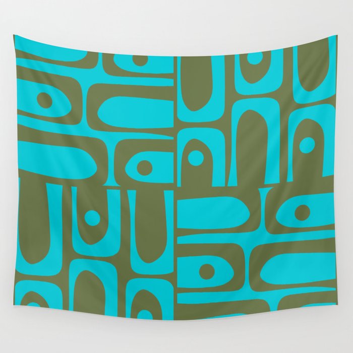 Mid Century Modern Piquet Geometric Mod Olive Green and Turquoise Multi Pattern Wall Tapestry Gallery Image 1