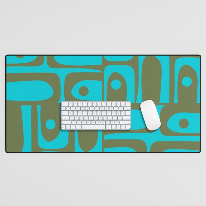 Mid Century Modern Piquet Geometric Mod Olive Green and Turquoise Multi Pattern Desk Mat Gallery Image 1