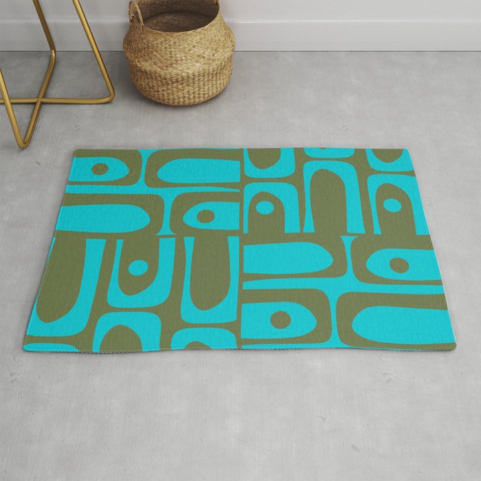 Mid Century Modern Piquet Geometric Mod Olive Green and Turquoise Multi Pattern Rug Gallery Image 1
