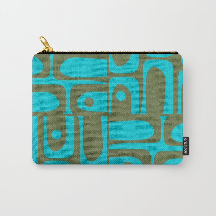 Mid Century Modern Piquet Geometric Mod Olive Green and Turquoise Multi Pattern Carry All Pouch Gallery Image 1