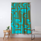Mid Century Modern Piquet Geometric Mod Olive Green and Turquoise Multi Pattern Window Curtain Gallery Image 5