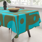Mid Century Modern Piquet Geometric Mod Olive Green and Turquoise Multi Pattern Tablecloth Gallery Image 3