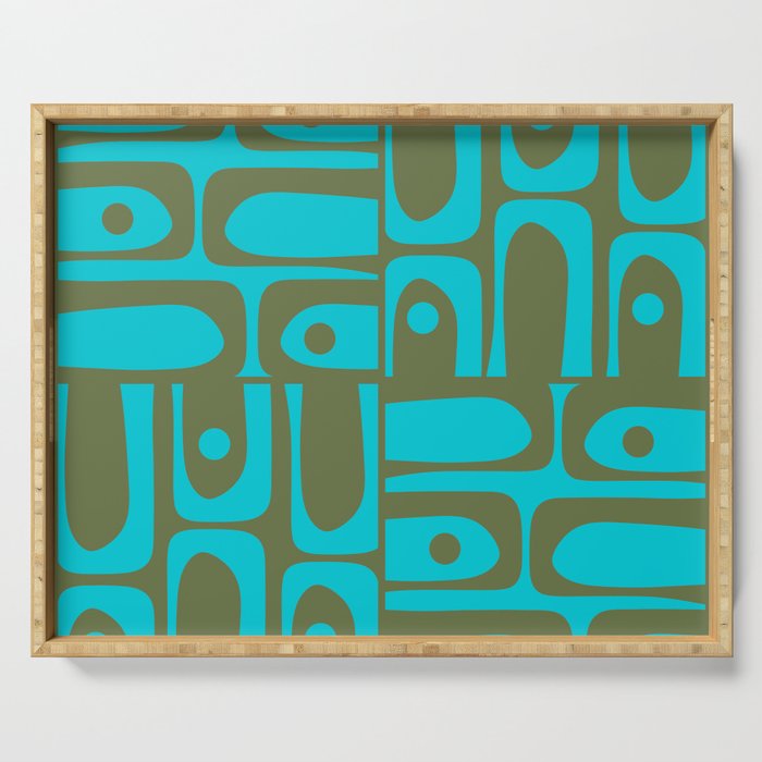 Mid Century Modern Piquet Geometric Mod Olive Green and Turquoise Multi Pattern Serving Tray Gallery Image 1