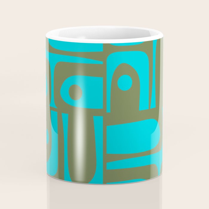 Mid Century Modern Piquet Geometric Mod Olive Green and Turquoise Multi Pattern Coffee Mug Gallery Image 4