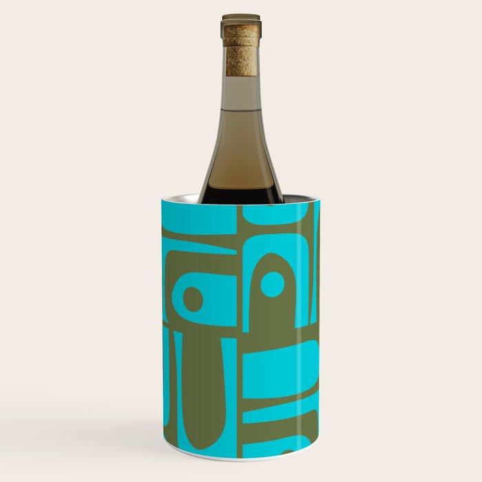 Mid Century Modern Piquet Geometric Mod Olive Green and Turquoise Multi Pattern Wine Chiller Gallery Image 1