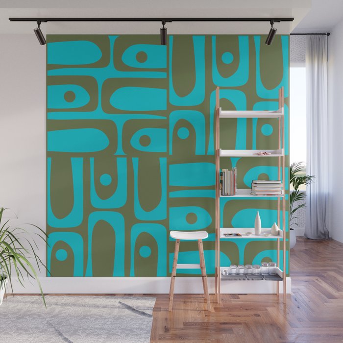 Mid Century Modern Piquet Geometric Mod Olive Green and Turquoise Multi Pattern Wall Mural Gallery Image 1