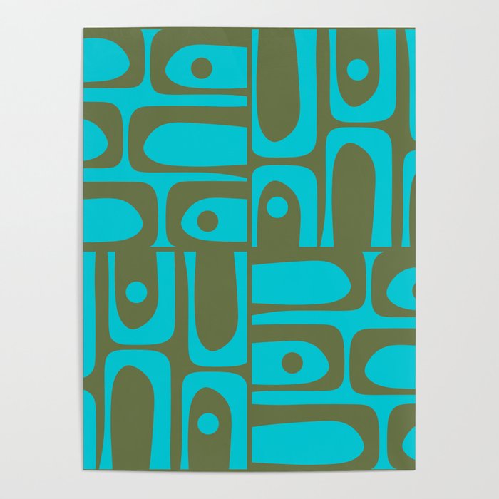 Mid Century Modern Piquet Geometric Mod Olive Green and Turquoise Multi Pattern Poster Gallery Image 1