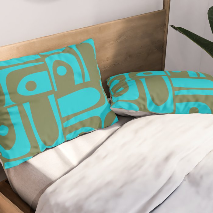 Mid Century Modern Piquet Geometric Mod Olive Green and Turquoise Multi Pattern Pillow Sham Gallery Image 2