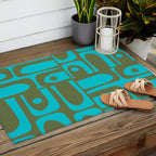 Mid Century Modern Piquet Geometric Mod Olive Green and Turquoise Multi Pattern Outdoor Rug Gallery Image 2