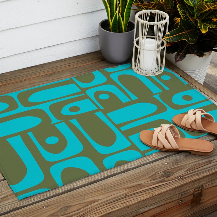 Mid Century Modern Piquet Geometric Mod Olive Green and Turquoise Multi Pattern Outdoor Rug Gallery Image 2